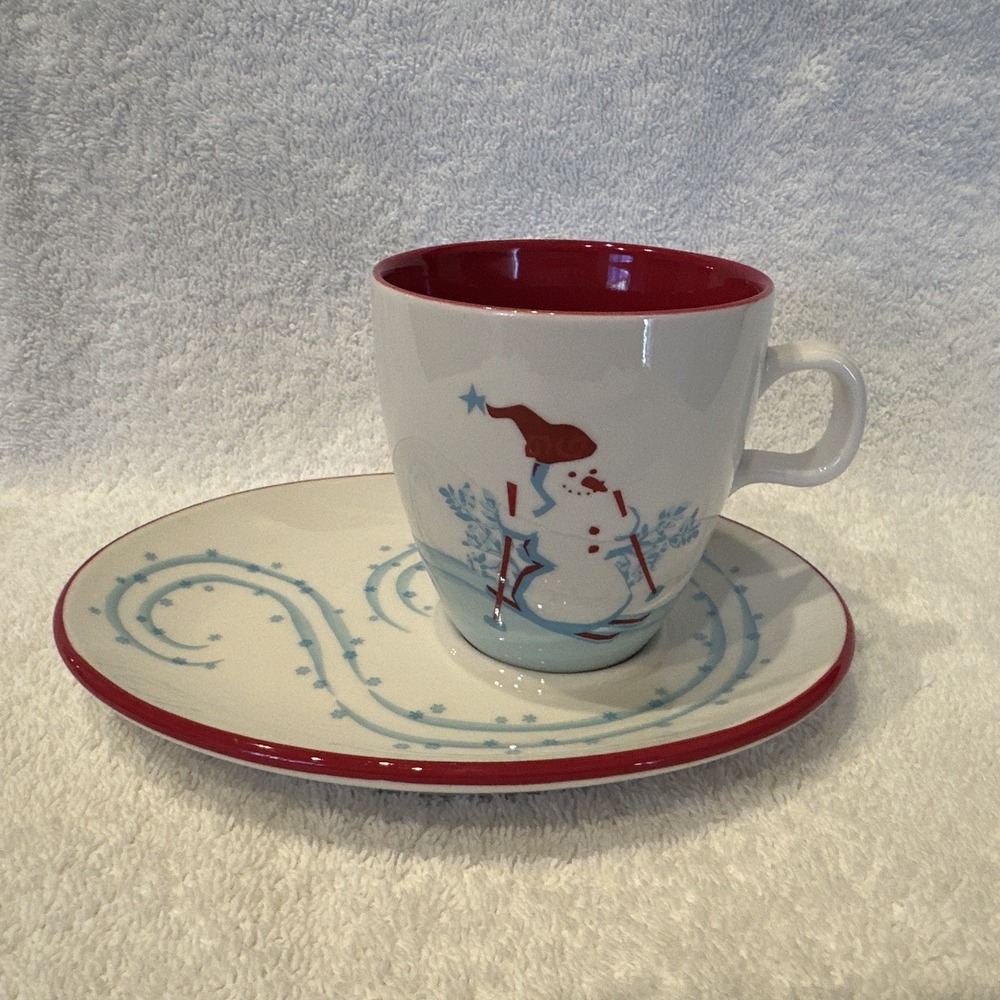 STARBUCKS 2007 Holiday 6oz Cup & Saucer 7"Snowman Penguin Red Blue Snowflakes